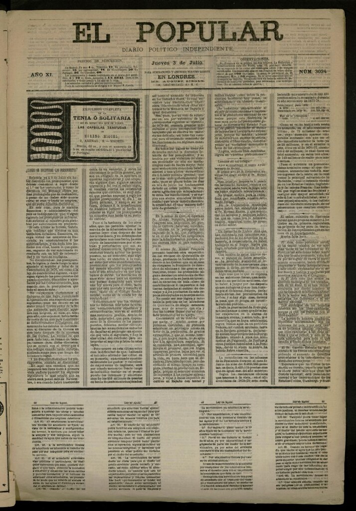 Miniatura de El Popular: diario independiente, político, literario y de noticias de interés general del 3 de julio de 1879, nº 3024