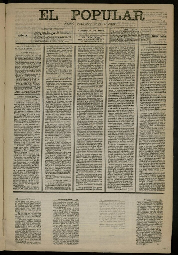 Miniatura de El Popular: diario independiente, político, literario y de noticias de interés general del 4 de julio de 1879, nº 3025