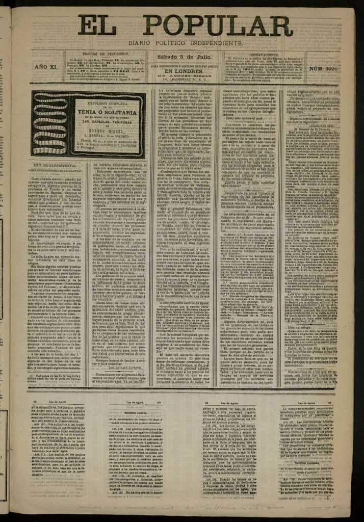 Miniatura de El Popular: diario independiente, político, literario y de noticias de interés general del 5 de julio de 1879, nº 3026