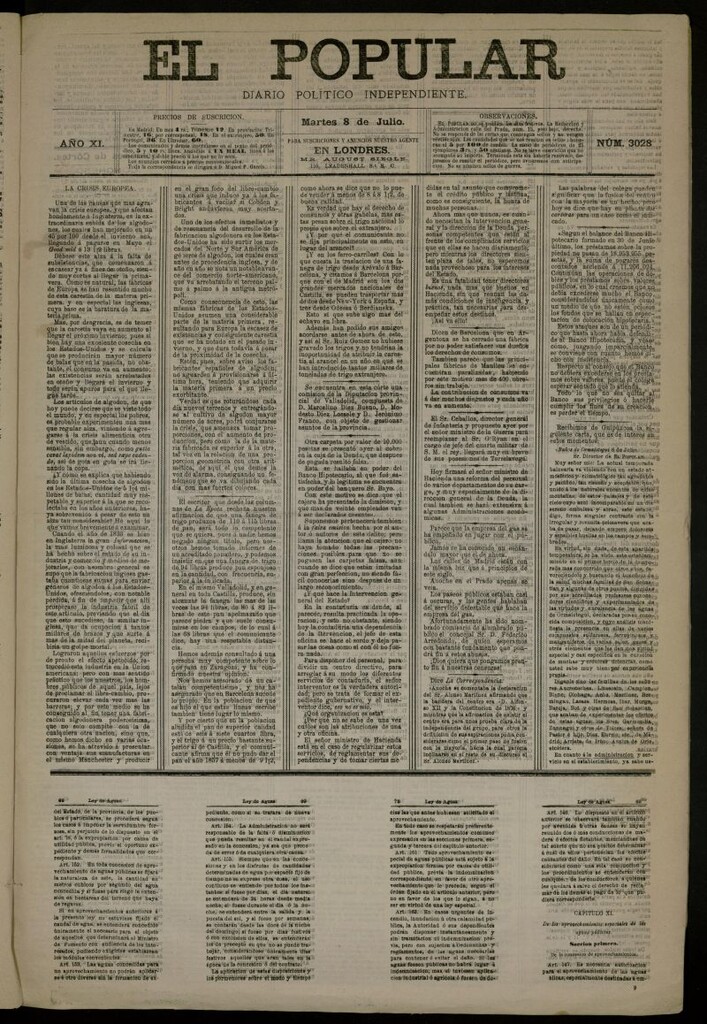 Miniatura de El Popular: diario independiente, político, literario y de noticias de interés general del 8 de julio de 1879, nº 3028