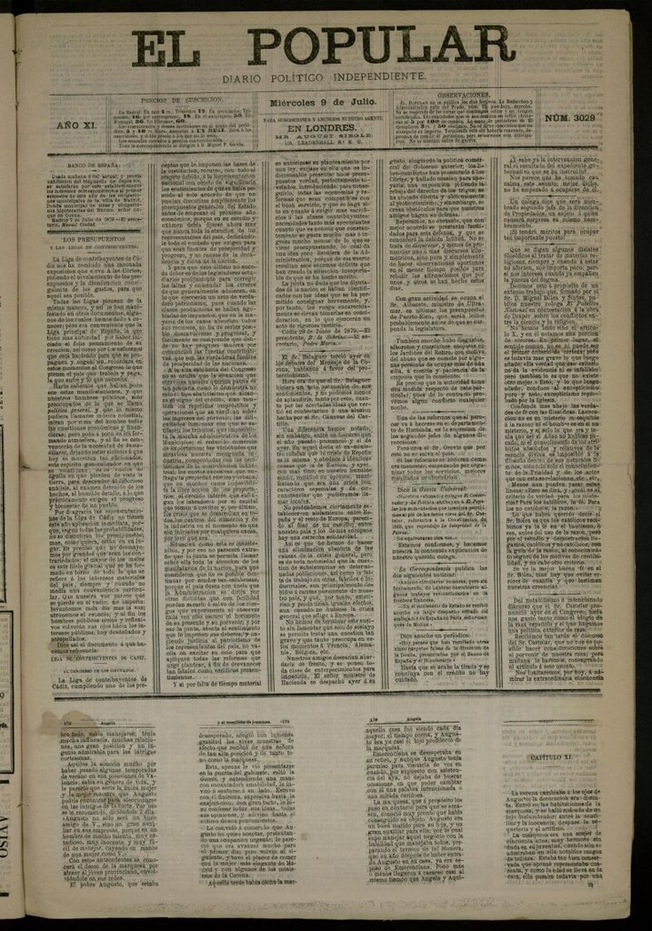 Miniatura de El Popular: diario independiente, político, literario y de noticias de interés general del 9 de julio de 1879, nº 3029