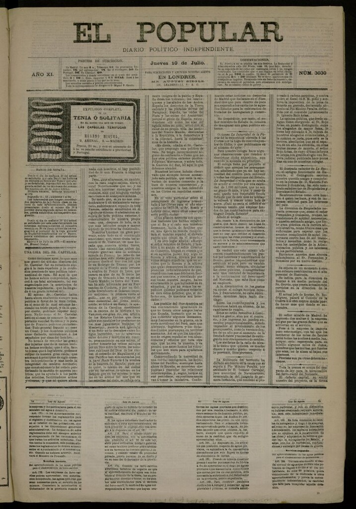 Miniatura de El Popular: diario independiente, político, literario y de noticias de interés general del 10 de julio de 1879, nº 3030
