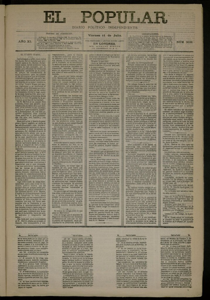 Miniatura de El Popular: diario independiente, político, literario y de noticias de interés general del 11 de julio de 1879, nº 3031