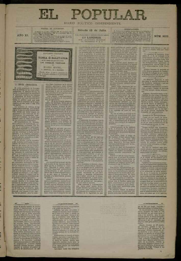 Miniatura de El Popular: diario independiente, político, literario y de noticias de interés general del 12 de julio de 1879, nº 3032