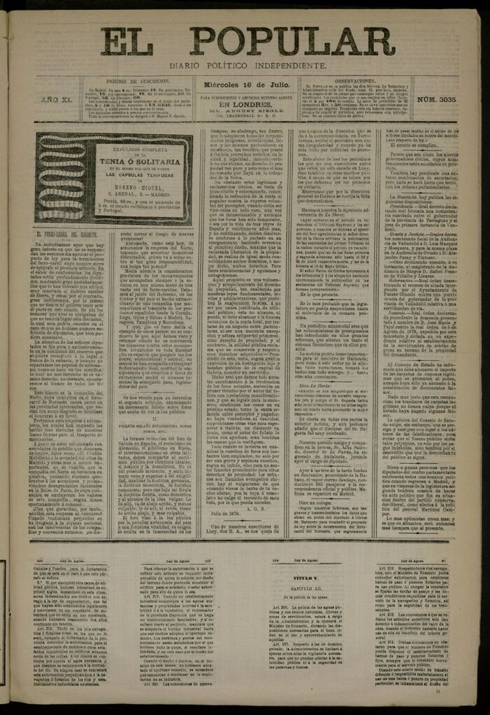 Miniatura de El Popular: diario independiente, político, literario y de noticias de interés general del 16 de julio de 1879, nº 3035