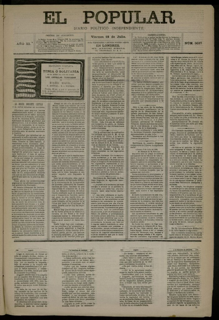 Miniatura de El Popular: diario independiente, político, literario y de noticias de interés general del 18 de julio de 1879, nº 3037