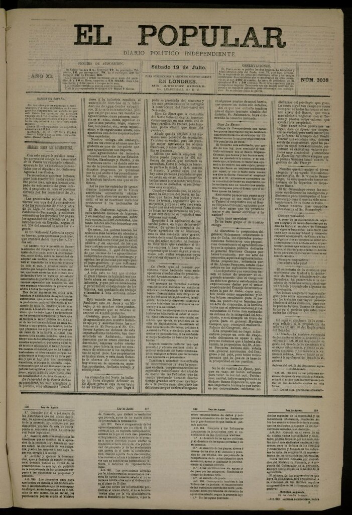 Miniatura de El Popular: diario independiente, político, literario y de noticias de interés general del 19 de julio de 1879, nº 3038