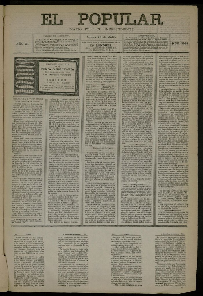 Miniatura de El Popular: diario independiente, político, literario y de noticias de interés general del 21 de julio de 1879, nº 3039