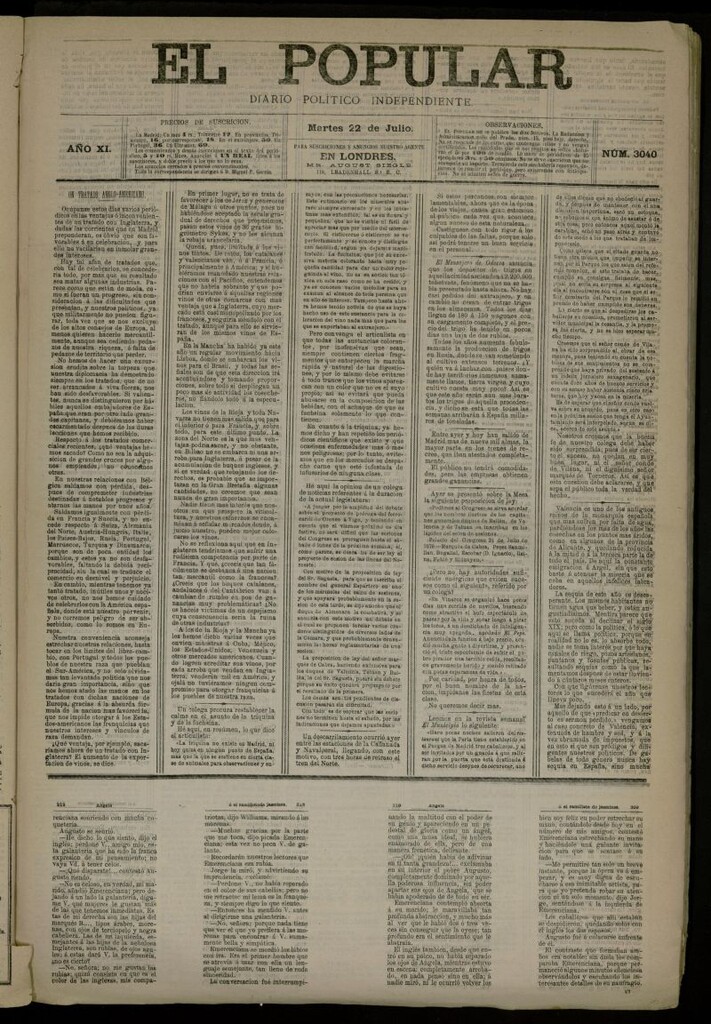 Miniatura de El Popular: diario independiente, político, literario y de noticias de interés general del 22 de julio de 1879, nº 3040