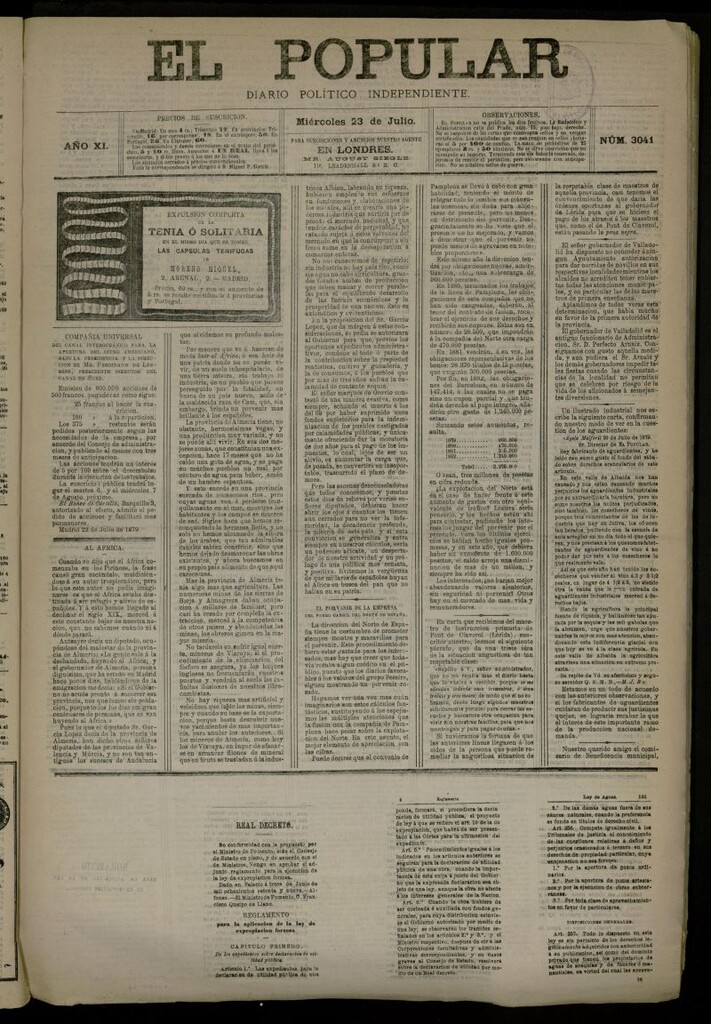 Miniatura de El Popular: diario independiente, político, literario y de noticias de interés general del 23 de julio de 1879, nº 3041