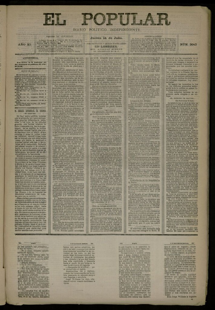 Miniatura de El Popular: diario independiente, político, literario y de noticias de interés general del 24 de julio de 1879, nº 3042