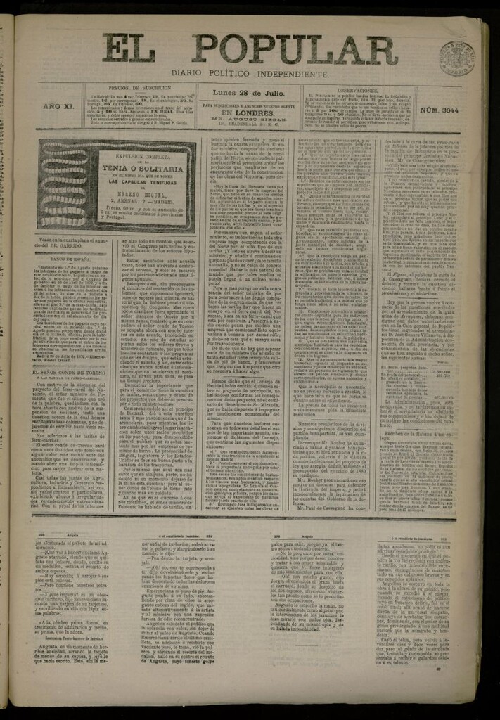 Miniatura de El Popular: diario independiente, político, literario y de noticias de interés general del 28 de julio de 1879, nº 3044
