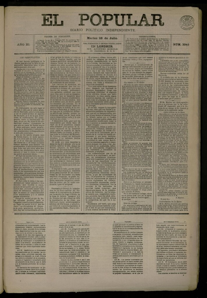 Miniatura de El Popular: diario independiente, político, literario y de noticias de interés general del 29 de julio de 1879, nº 3045