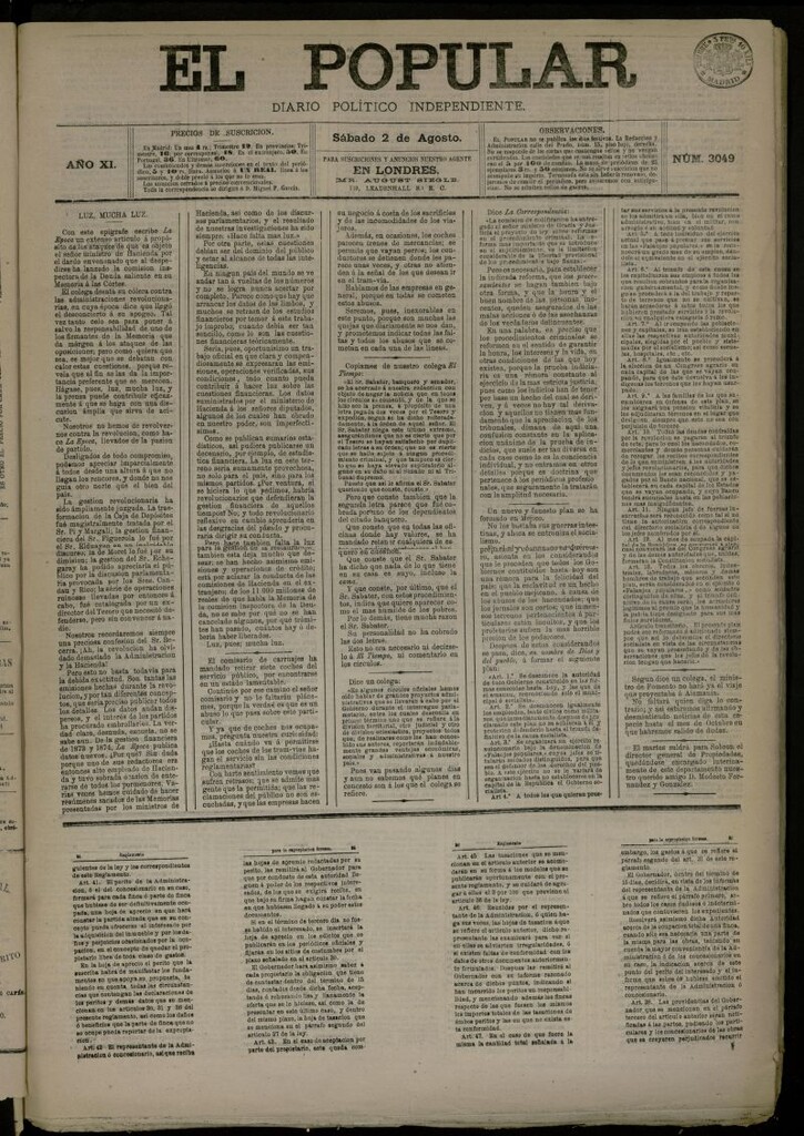 Miniatura de El Popular: diario independiente, político, literario y de noticias de interés general del 2 de agosto de 1879, nº 3049