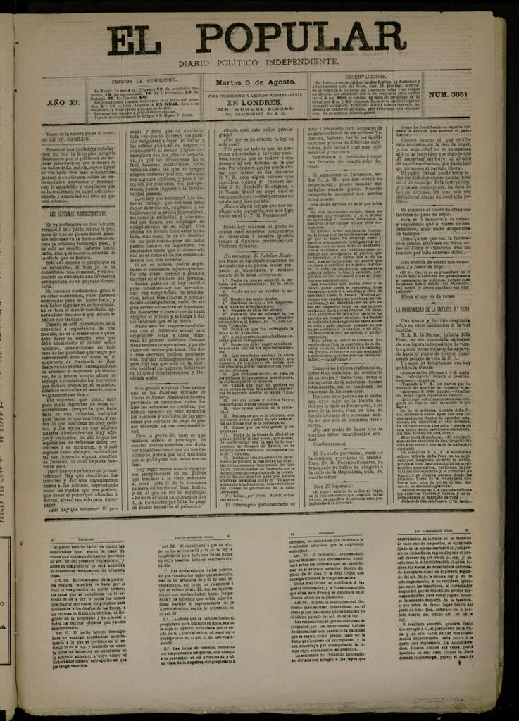 Miniatura de El Popular: diario independiente, político, literario y de noticias de interés general del 5 de agosto de 1879, nº 3051