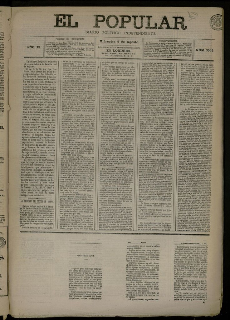 Miniatura de El Popular: diario independiente, político, literario y de noticias de interés general del 6 de agosto de 1879, nº 3052