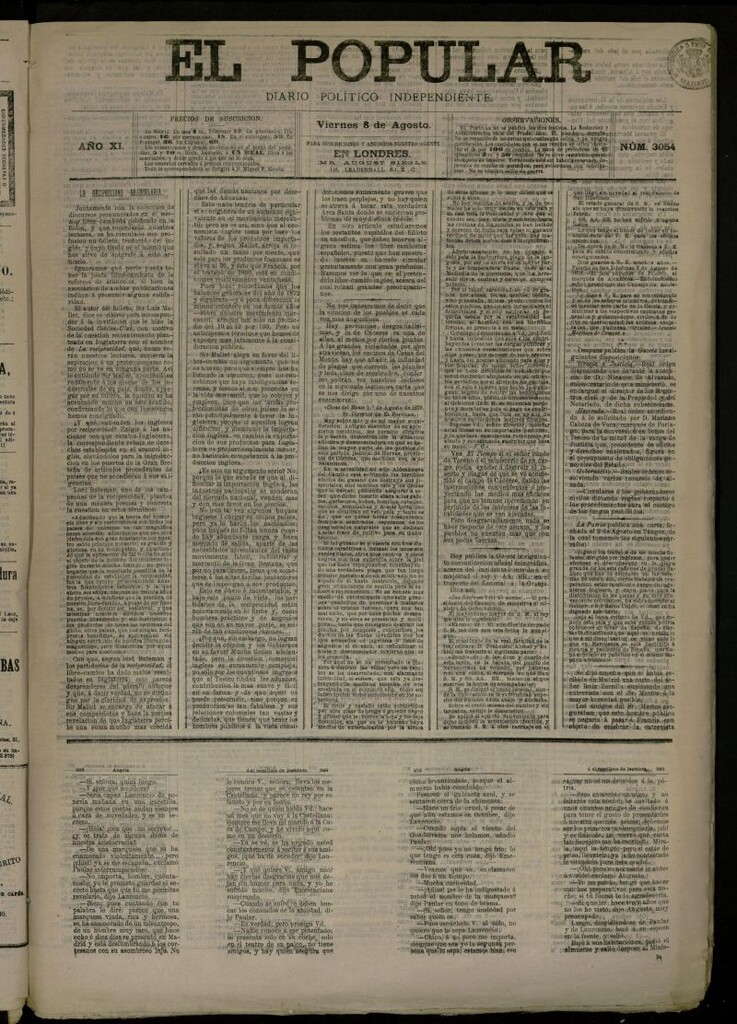 Miniatura de El Popular: diario independiente, político, literario y de noticias de interés general del 8 de agosto de 1879, nº 3054