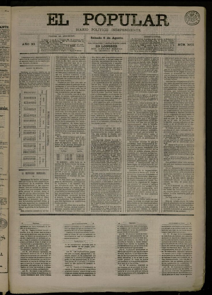Miniatura de El Popular: diario independiente, político, literario y de noticias de interés general del 9 de agosto de 1879, nº 3055