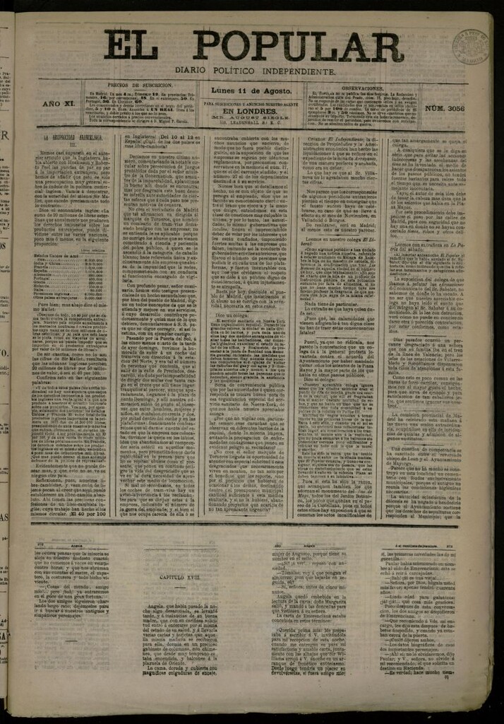 Miniatura de El Popular: diario independiente, político, literario y de noticias de interés general del 11 de agosto de 1879, nº 3056