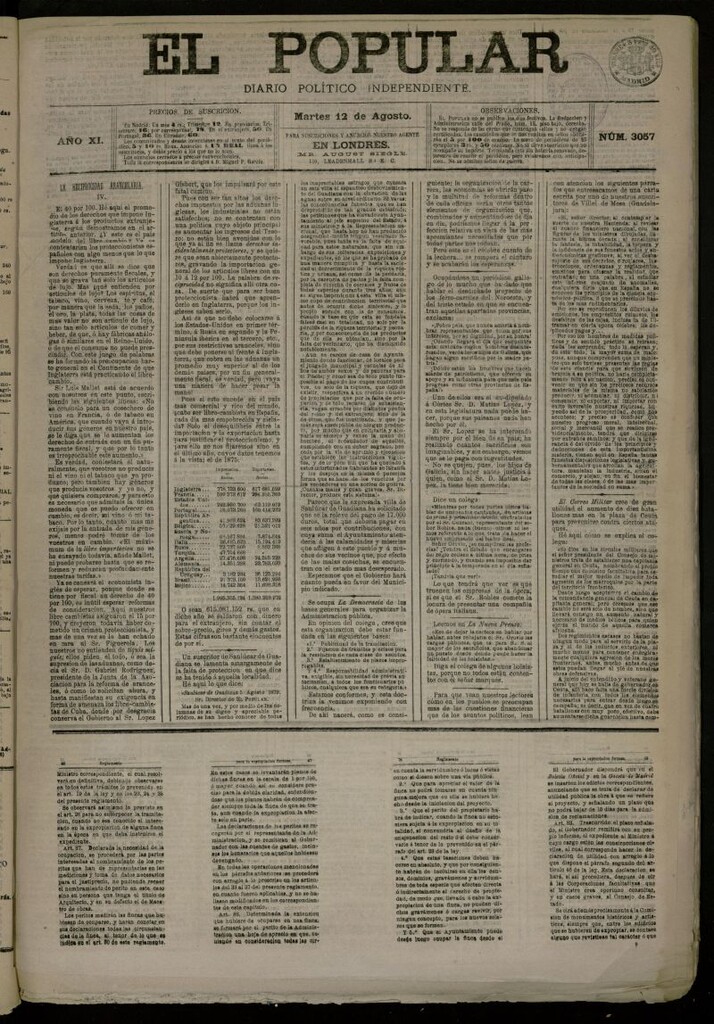 Miniatura de El Popular: diario independiente, político, literario y de noticias de interés general del 12 de agosto de 1879, nº 3057