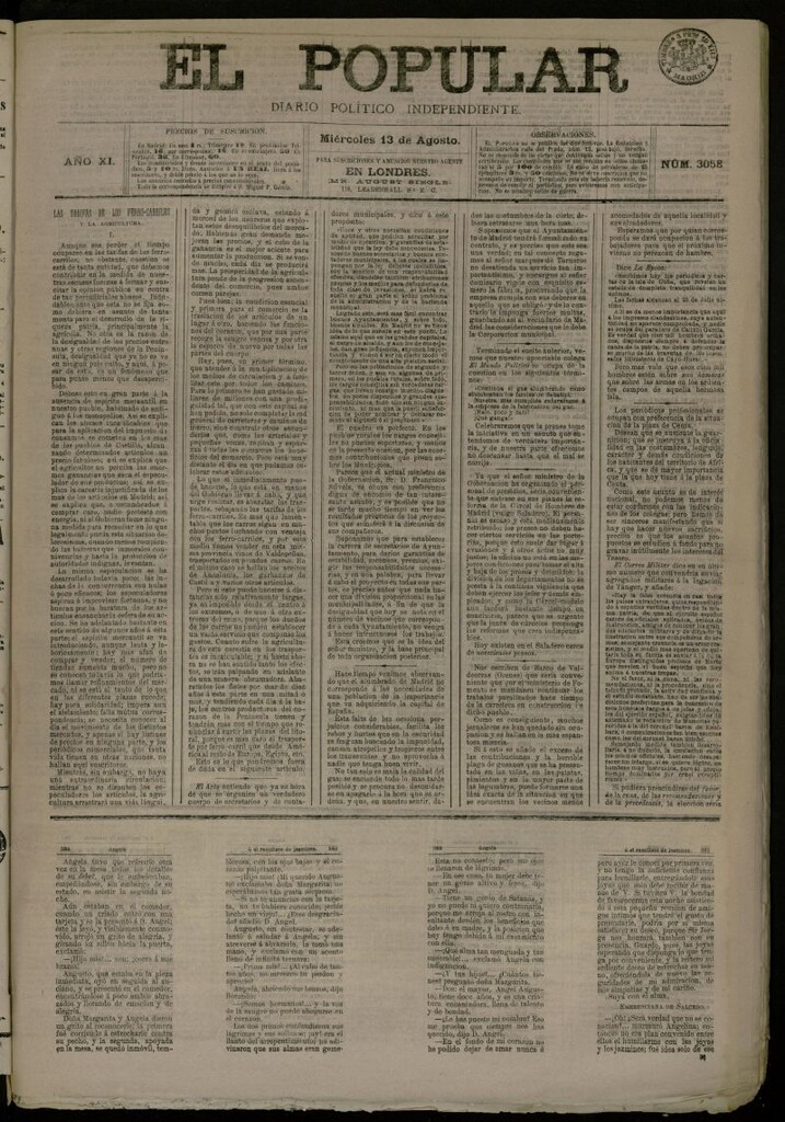 Miniatura de El Popular: diario independiente, político, literario y de noticias de interés general del 13 de agosto de 1879, nº 3058
