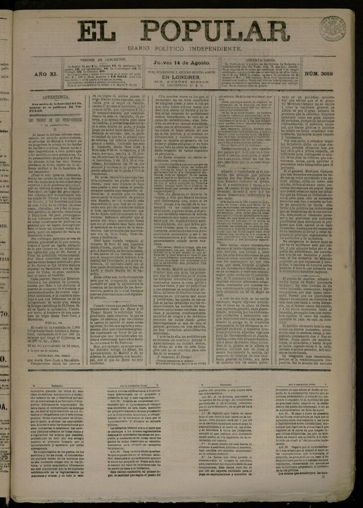Miniatura de El Popular: diario independiente, político, literario y de noticias de interés general del 14 de agosto de 1879, nº 3059