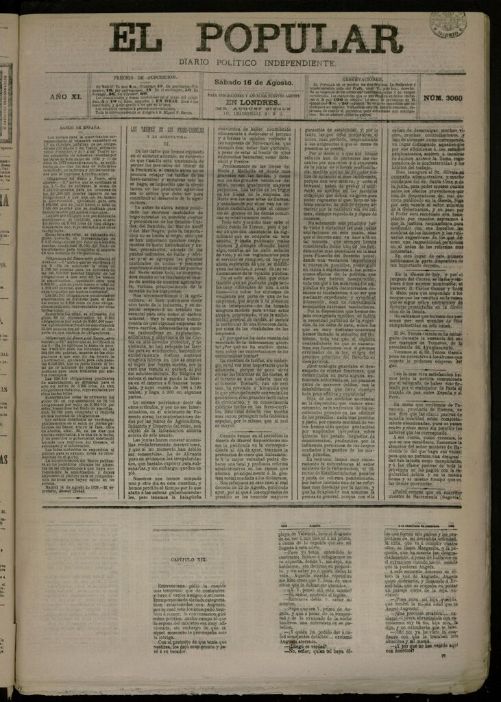 Miniatura de El Popular: diario independiente, político, literario y de noticias de interés general del 16 de agosto de 1879, nº 3060
