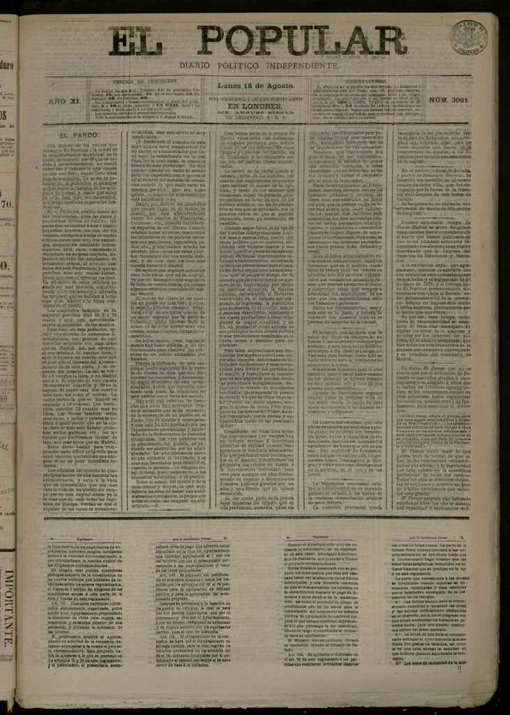 Miniatura de El Popular: diario independiente, político, literario y de noticias de interés general del 18 de agosto de 1879, nº 3061