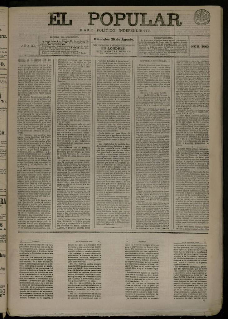 Miniatura de El Popular: diario independiente, político, literario y de noticias de interés general del 20 de agosto de 1879, nº 3063