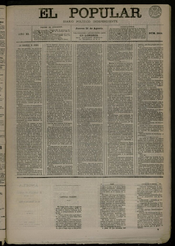 Miniatura de El Popular: diario independiente, político, literario y de noticias de interés general del 21 de agosto de 1879, nº 3064