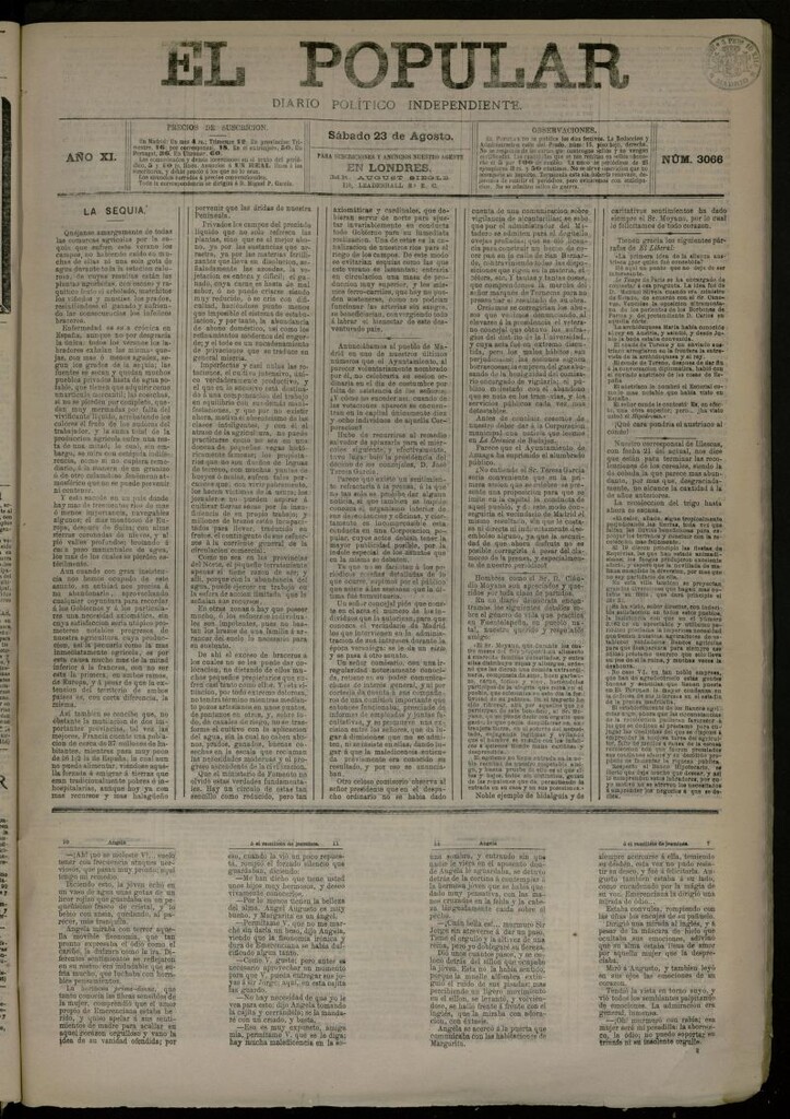 Miniatura de El Popular: diario independiente, político, literario y de noticias de interés general del 23 de agosto de 1879, nº 3066