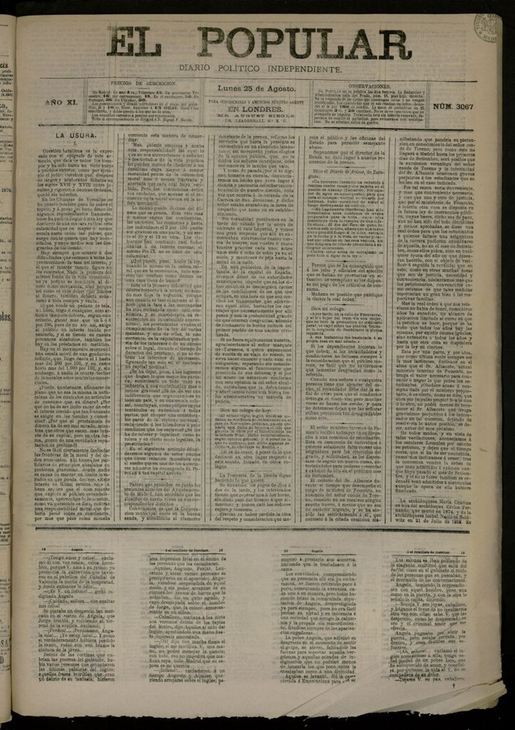 Miniatura de El Popular: diario independiente, político, literario y de noticias de interés general del 25 de agosto de 1879, nº 3067