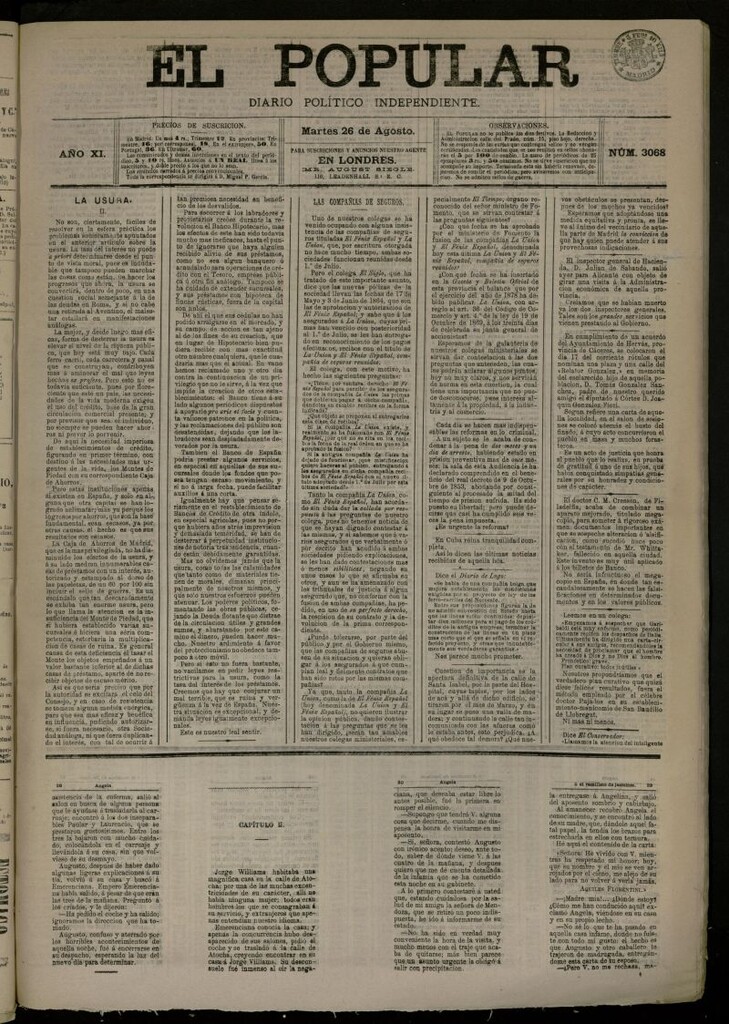 Miniatura de El Popular: diario independiente, político, literario y de noticias de interés general del 26 de agosto de 1879, nº 3068