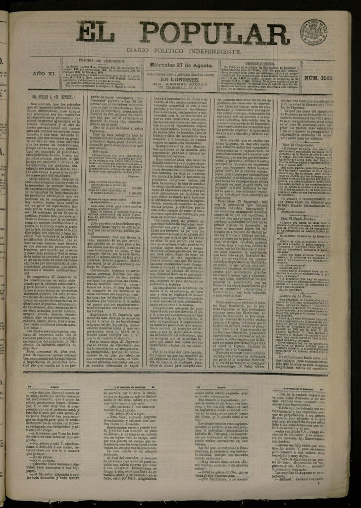 Miniatura de El Popular: diario independiente, político, literario y de noticias de interés general del 27 de agosto de 1879, nº 3069