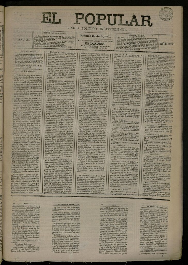 Miniatura de El Popular: diario independiente, político, literario y de noticias de interés general del 29 de agosto de 1879, nº 3071