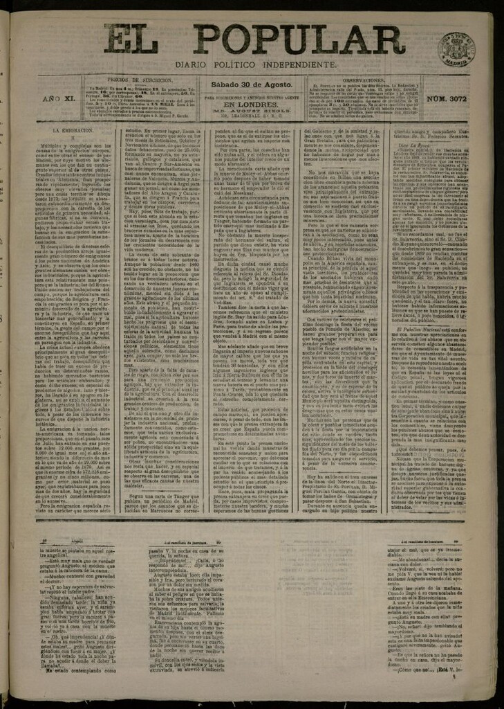 Miniatura de El Popular: diario independiente, político, literario y de noticias de interés general del 30 de agosto de 1879, nº 3072