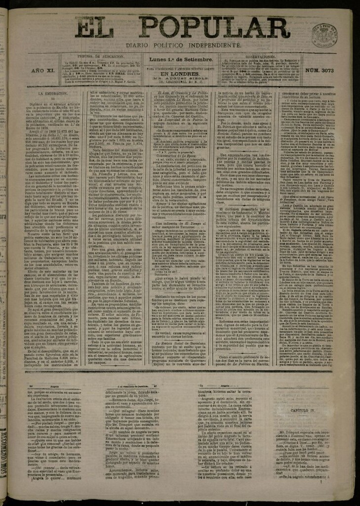 Miniatura de El Popular: diario independiente, político, literario y de noticias de interés general del 1 de septiembre de 1879, nº 3073