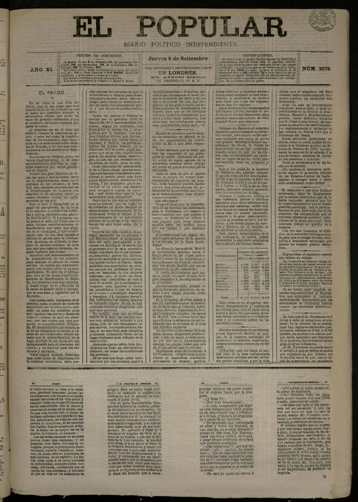 Miniatura de El Popular: diario independiente, político, literario y de noticias de interés general del 4 de septiembre de 1879, nº 3076