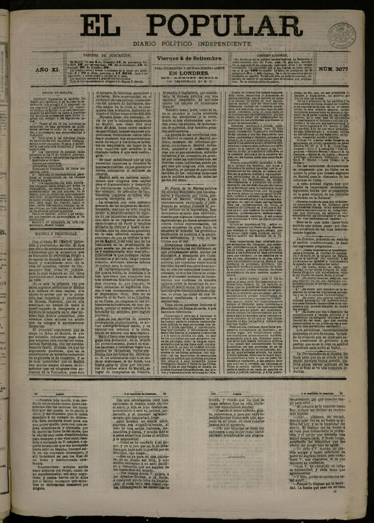 Miniatura de El Popular: diario independiente, político, literario y de noticias de interés general del 5 de septiembre de 1879, nº 3077