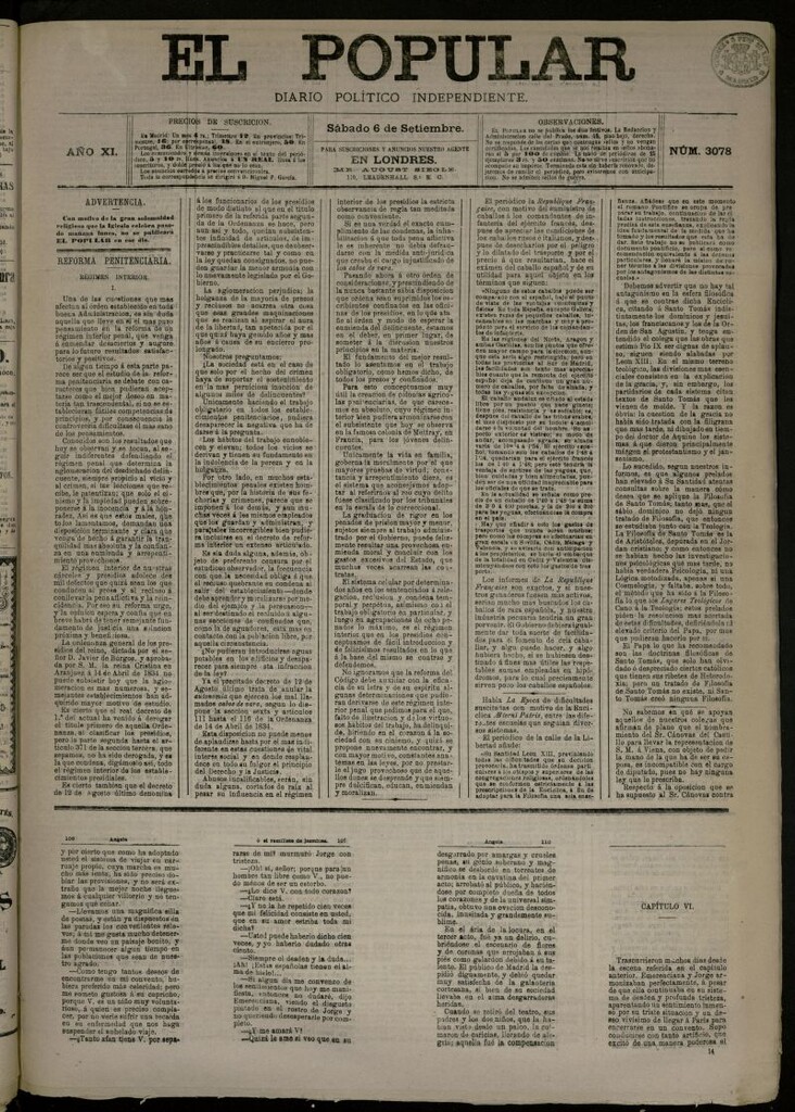 Miniatura de El Popular: diario independiente, político, literario y de noticias de interés general del 6 de septiembre de 1879, nº 3078