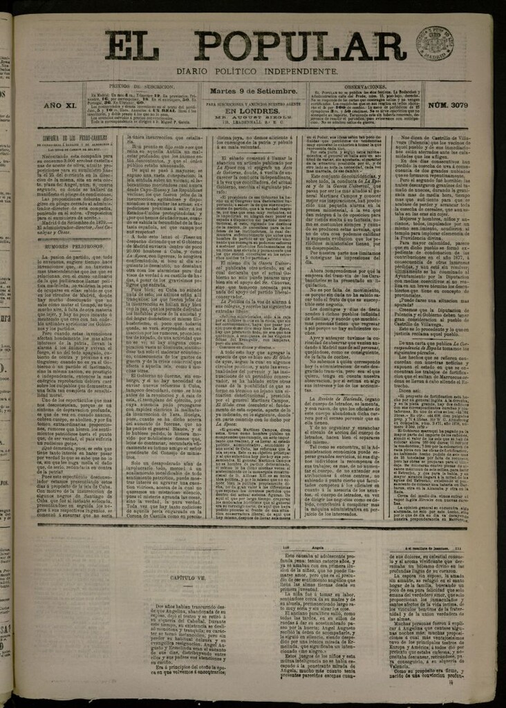 Miniatura de El Popular: diario independiente, político, literario y de noticias de interés general del 9 de septiembre de 1879, nº 3079