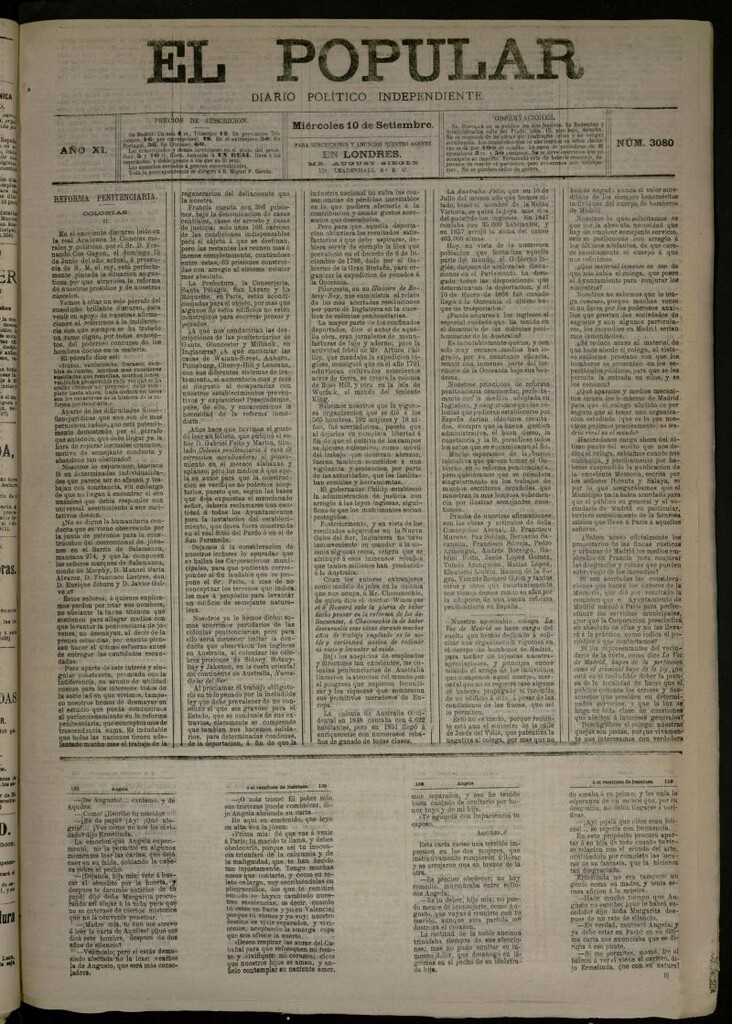 Miniatura de El Popular: diario independiente, político, literario y de noticias de interés general del 10 de septiembre de 1879, nº 3080