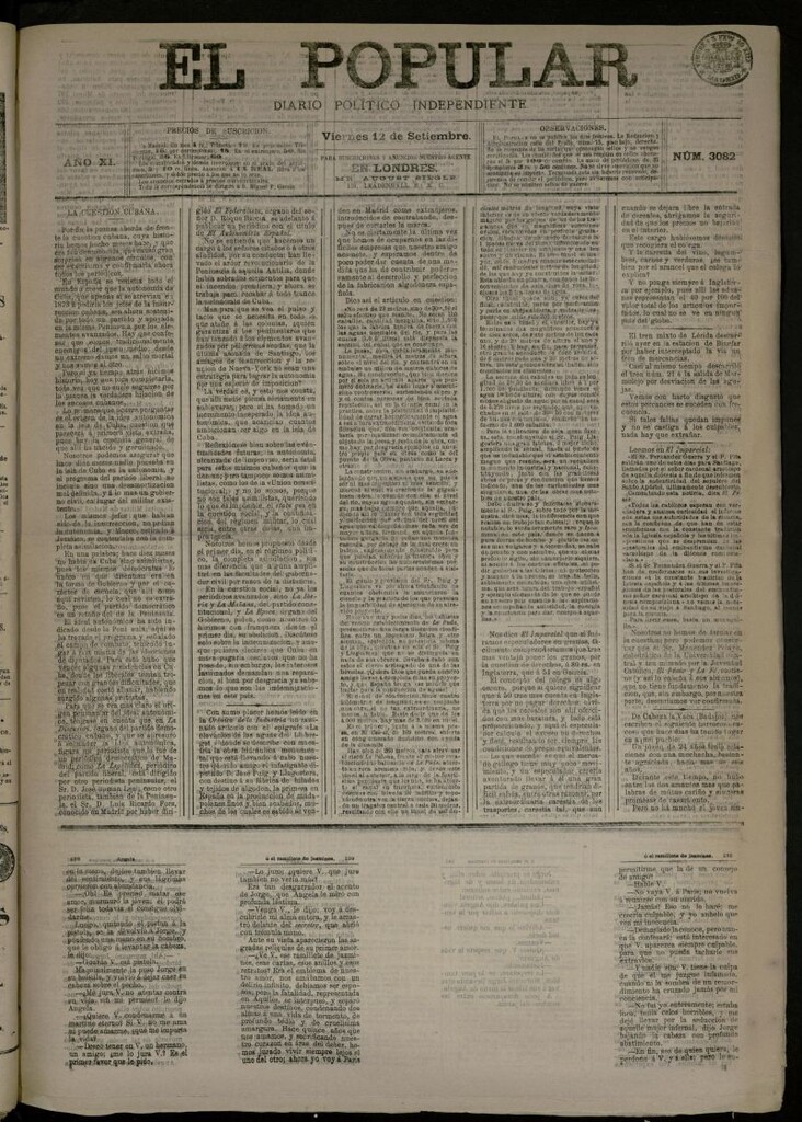 Miniatura de El Popular: diario independiente, político, literario y de noticias de interés general del 12 de septiembre de 1879, nº 3082