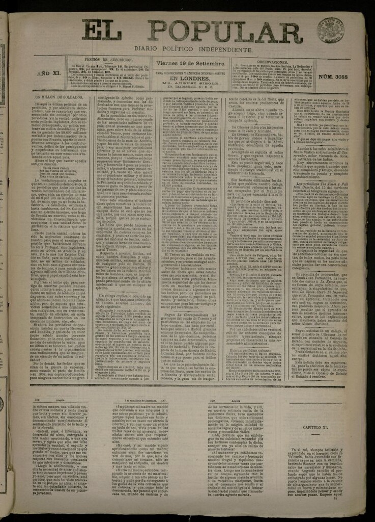 Miniatura de El Popular: diario independiente, político, literario y de noticias de interés general del 19 de septiembre de 1879, nº 3088