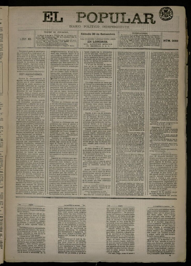 Miniatura de El Popular: diario independiente, político, literario y de noticias de interés general del 20 de septiembre de 1879, nº 3089