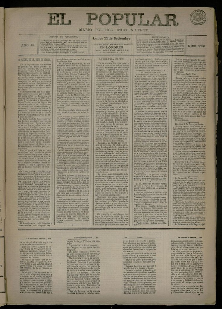 Miniatura de El Popular: diario independiente, político, literario y de noticias de interés general del 22 de septiembre de 1879, nº 3090