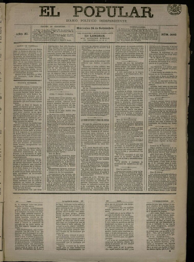 Miniatura de El Popular: diario independiente, político, literario y de noticias de interés general del 24 de septiembre de 1879, nº 3092