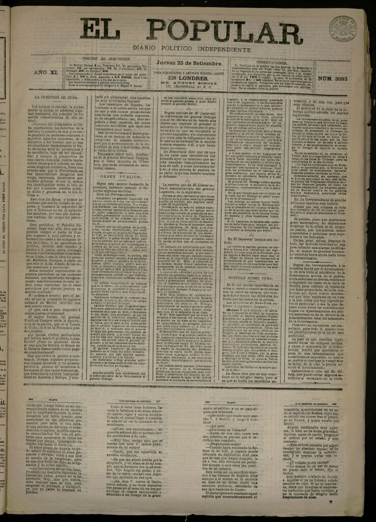 Miniatura de El Popular: diario independiente, político, literario y de noticias de interés general del 25 de septiembre de 1879, nº 3093