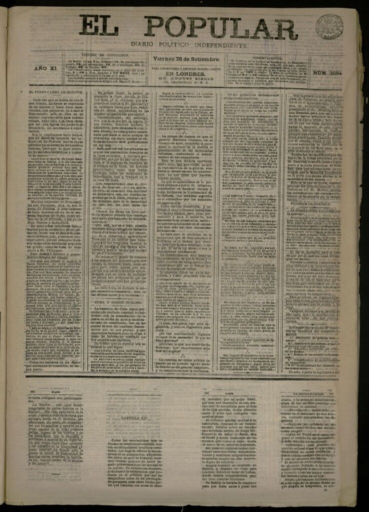 Miniatura de El Popular: diario independiente, político, literario y de noticias de interés general del 26 de septiembre de 1879, nº 3094