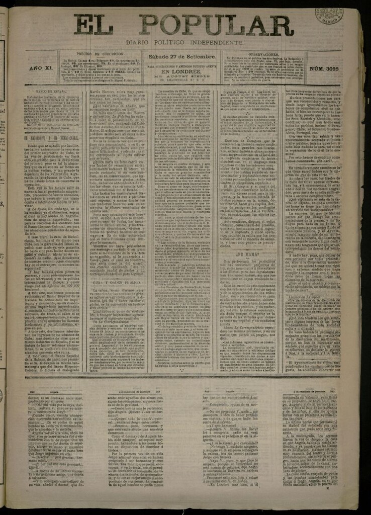 Miniatura de El Popular: diario independiente, político, literario y de noticias de interés general del 27 de septiembre de 1879, nº 3095